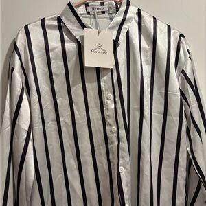 White and Black Striped Silky Button-Up Shirt